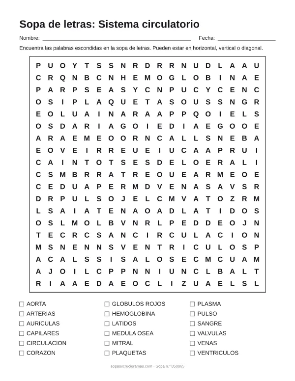 Hoja para imprimir de la sopa de letras del sistema circulatorio: cuadrícula de 19 × 19 letras con 18 palabras escondidas, renglones para nombre y fecha y la lista de palabras para tachar.