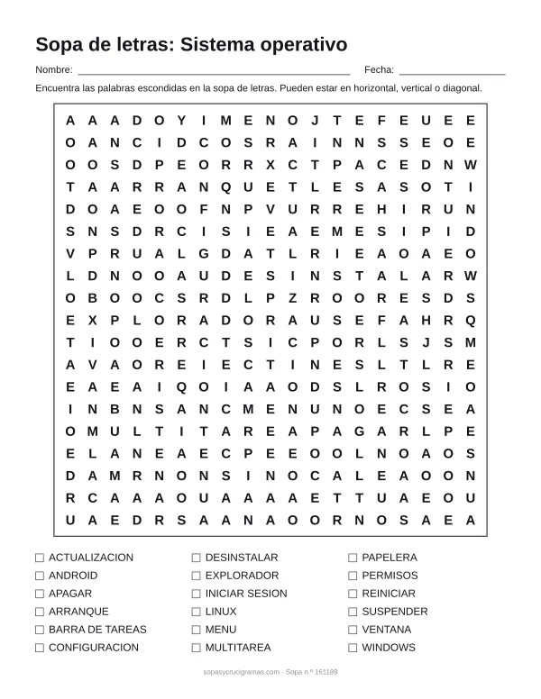 Hoja para imprimir de la sopa de letras del sistema operativo: cuadrícula de 19 × 19 letras con 18 palabras escondidas, renglones para nombre y fecha y la lista de palabras para tachar.