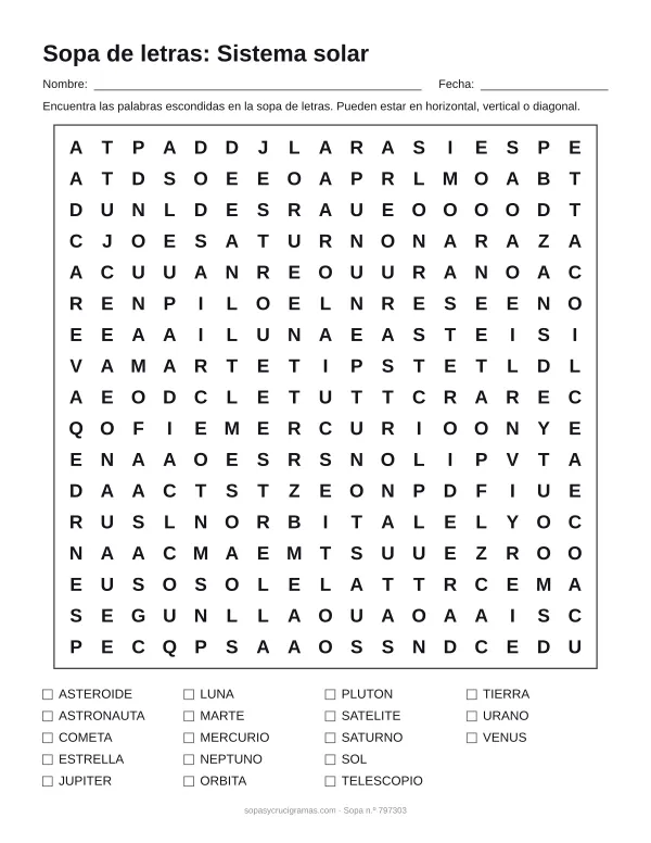 Hoja para imprimir de la sopa de letras del sistema solar: cuadrícula de 17 × 17 letras con 18 palabras escondidas, renglones para nombre y fecha y la lista de palabras para tachar.