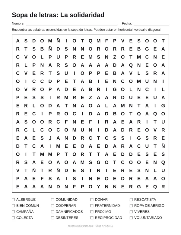 Hoja para imprimir de la sopa de letras de la solidaridad: cuadrícula de 19 × 19 letras con 16 palabras escondidas, renglones para nombre y fecha y la lista de palabras para tachar.