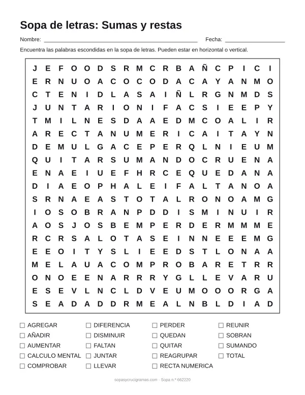 Hoja para imprimir de la sopa de letras de sumas y restas: cuadrícula de 19 × 19 letras con 19 palabras escondidas, renglones para nombre y fecha y la lista de palabras para tachar.