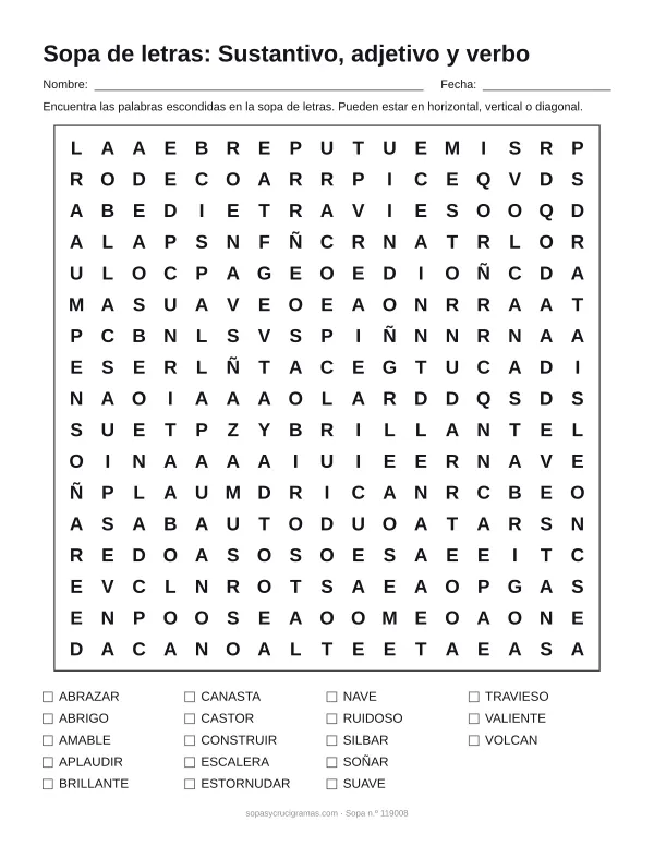 Hoja para imprimir de la sopa de letras de sustantivo, adjetivo y verbo: cuadrícula de 17 × 17 letras con 18 palabras escondidas, renglones para nombre y fecha y la lista de palabras para tachar.