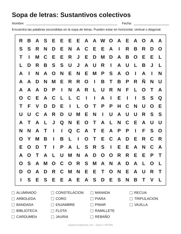 Hoja para imprimir de la sopa de letras de sustantivos colectivos: cuadrícula de 18 × 18 letras con 18 palabras escondidas, renglones para nombre y fecha y la lista de palabras para tachar.