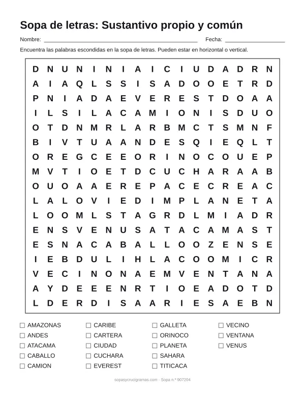 Hoja para imprimir de la sopa de letras de sustantivos propios y comunes: cuadrícula de 17 × 17 letras con 18 palabras escondidas, renglones para nombre y fecha y la lista de palabras para tachar.