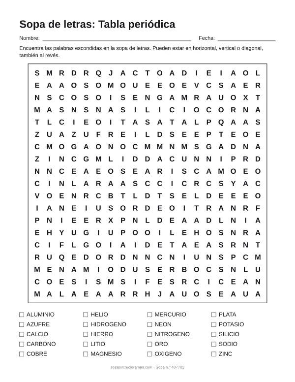Hoja para imprimir de la sopa de letras de la tabla periódica: cuadrícula de 19 × 19 letras con 20 palabras escondidas, renglones para nombre y fecha y la lista de palabras para tachar.