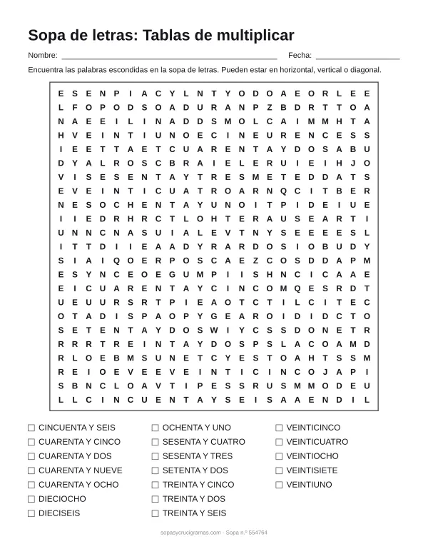 Hoja para imprimir de la sopa de letras de las tablas de multiplicar: cuadrícula de 23 × 23 letras con 19 palabras escondidas, renglones para nombre y fecha y la lista de palabras para tachar.