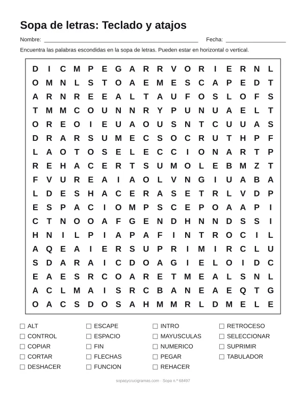 Hoja para imprimir de la sopa de letras del teclado y los atajos: cuadrícula de 18 × 18 letras con 19 palabras escondidas, renglones para nombre y fecha y la lista de palabras para tachar.