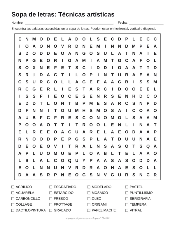 Hoja para imprimir de la sopa de letras de técnicas artísticas: cuadrícula de 20 × 20 letras con 20 palabras escondidas, renglones para nombre y fecha y la lista de palabras para tachar.