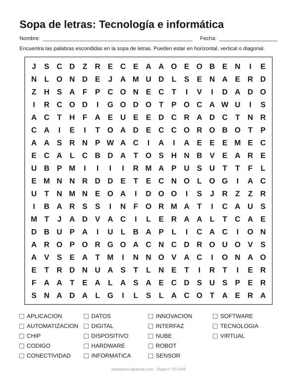 Hoja para imprimir de la sopa de letras de tecnología e informática: cuadrícula de 19 × 19 letras con 18 palabras escondidas, renglones para nombre y fecha y la lista de palabras para tachar.