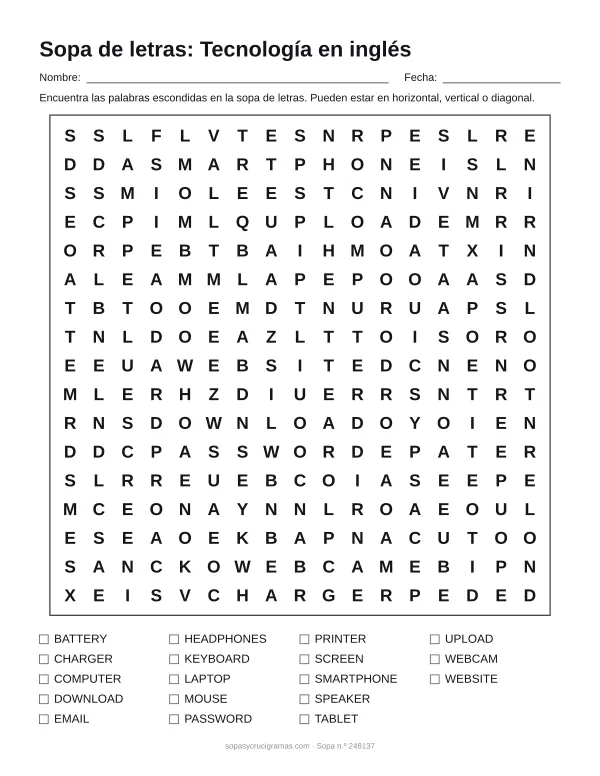 Hoja para imprimir de la sopa de letras de tecnología en inglés: cuadrícula de 17 × 17 letras con 18 palabras escondidas, renglones para nombre y fecha y la lista de palabras para tachar.