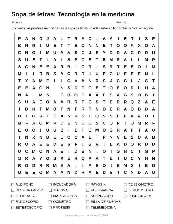 Hoja para imprimir de la sopa de letras de tecnología en la medicina: cuadrícula de 20 × 20 letras con 18 palabras escondidas, renglones para nombre y fecha y la lista de palabras para tachar.