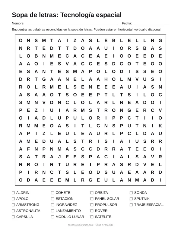 Hoja para imprimir de la sopa de letras de tecnología espacial: cuadrícula de 19 × 19 letras con 18 palabras escondidas, renglones para nombre y fecha y la lista de palabras para tachar.