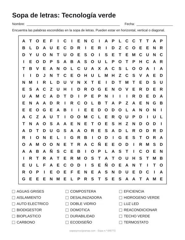 Hoja para imprimir de la sopa de letras de tecnología verde: cuadrícula de 21 × 21 letras con 18 palabras escondidas, renglones para nombre y fecha y la lista de palabras para tachar.