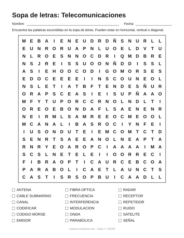 Hoja para imprimir de la sopa de letras de telecomunicaciones: cuadrícula de 19 × 19 letras con 18 palabras escondidas, renglones para nombre y fecha y la lista de palabras para tachar.