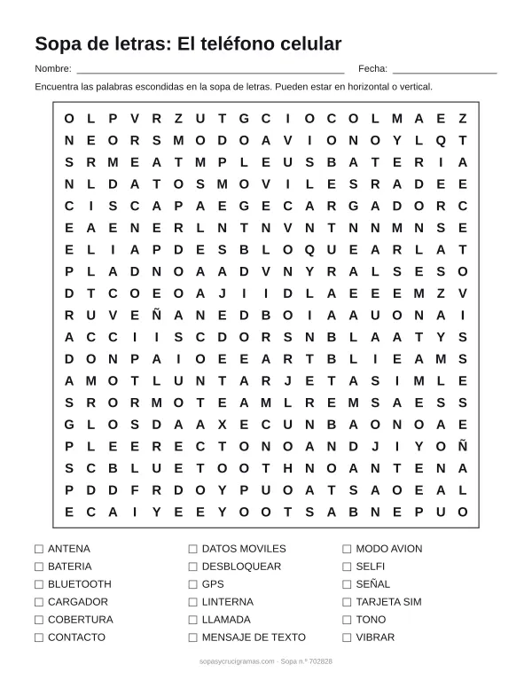 Hoja para imprimir de la sopa de letras del teléfono celular: cuadrícula de 19 × 19 letras con 18 palabras escondidas, renglones para nombre y fecha y la lista de palabras para tachar.
