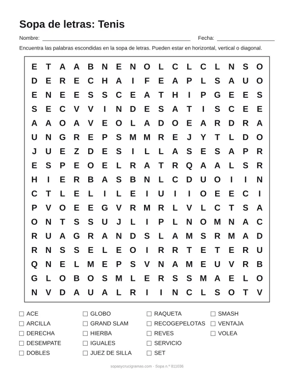 Hoja para imprimir de la sopa de letras de tenis: cuadrícula de 17 × 17 letras con 18 palabras escondidas, renglones para nombre y fecha y la lista de palabras para tachar.