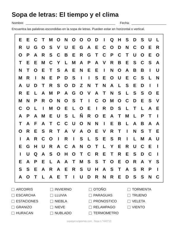 Hoja para imprimir de la sopa de letras del tiempo y el clima: cuadrícula de 19 × 19 letras con 19 palabras escondidas, renglones para nombre y fecha y la lista de palabras para tachar.