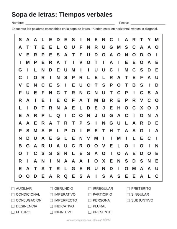 Hoja para imprimir de la sopa de letras de tiempos verbales: cuadrícula de 19 × 19 letras con 18 palabras escondidas, renglones para nombre y fecha y la lista de palabras para tachar.