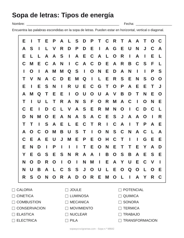 Hoja para imprimir de la sopa de letras de los tipos de energía: cuadrícula de 19 × 19 letras con 18 palabras escondidas, renglones para nombre y fecha y la lista de palabras para tachar.