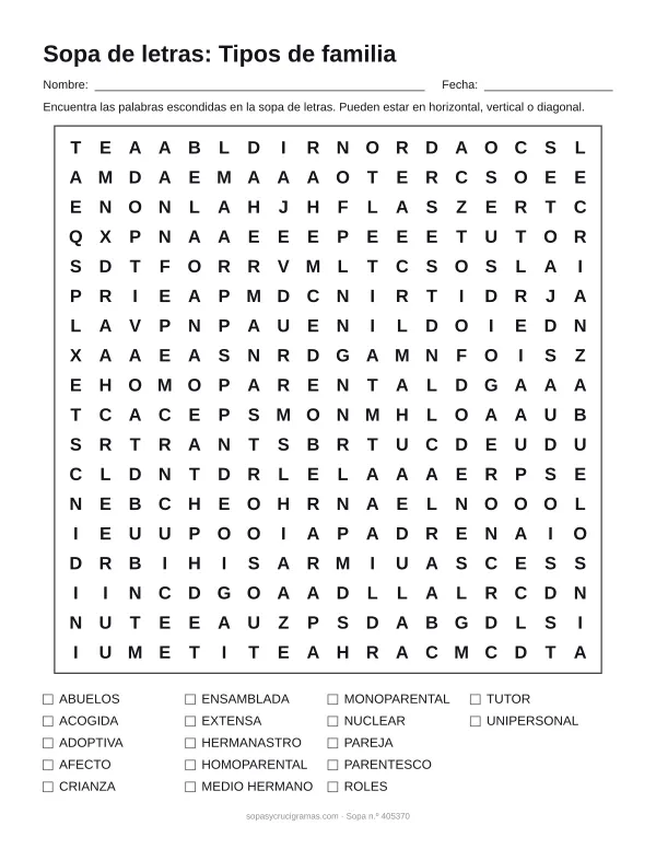 Hoja para imprimir de la sopa de letras de los tipos de familia: cuadrícula de 18 × 18 letras con 17 palabras escondidas, renglones para nombre y fecha y la lista de palabras para tachar.