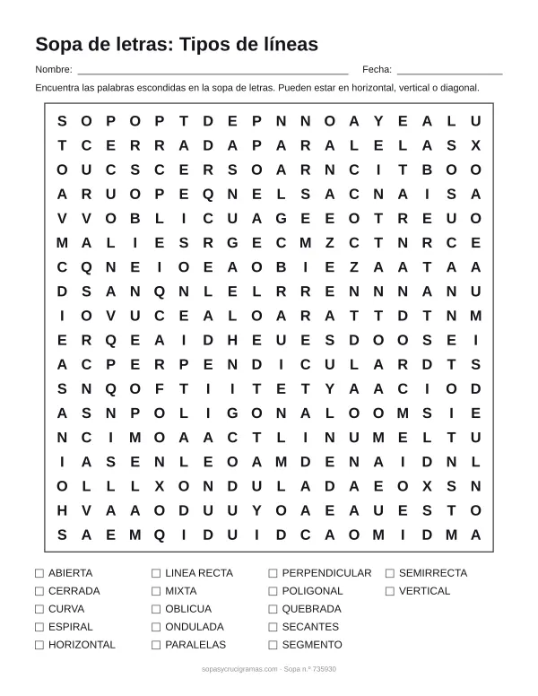Hoja para imprimir de la sopa de letras de tipos de líneas: cuadrícula de 18 × 18 letras con 17 palabras escondidas, renglones para nombre y fecha y la lista de palabras para tachar.