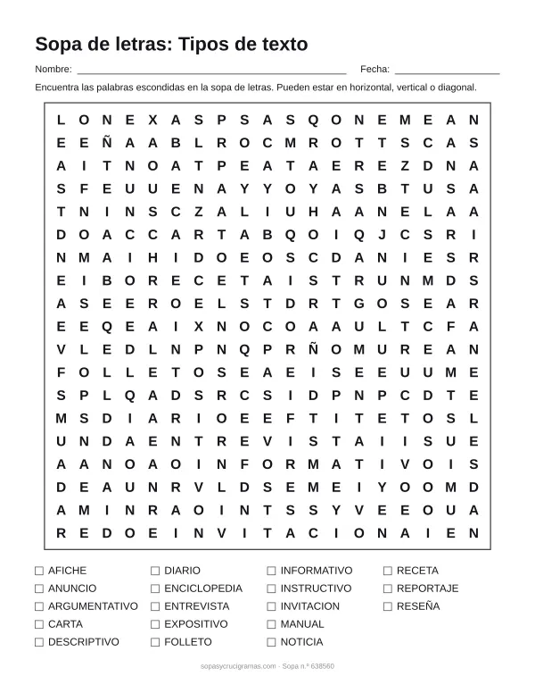 Hoja para imprimir de la sopa de letras de tipos de texto: cuadrícula de 19 × 19 letras con 18 palabras escondidas, renglones para nombre y fecha y la lista de palabras para tachar.