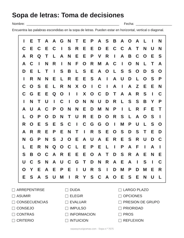 Hoja para imprimir de la sopa de letras de la toma de decisiones: cuadrícula de 19 × 19 letras con 18 palabras escondidas, renglones para nombre y fecha y la lista de palabras para tachar.