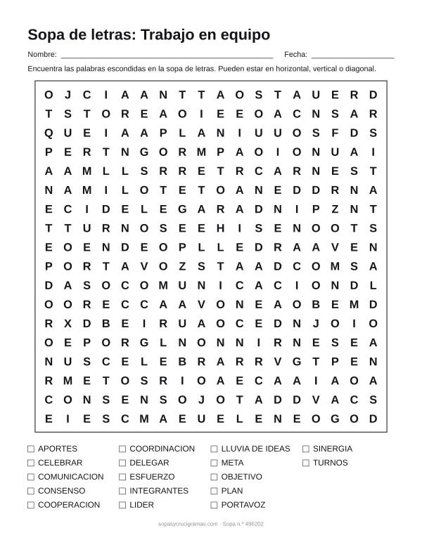 Hoja para imprimir de la sopa de letras del trabajo en equipo: cuadrícula de 18 × 18 letras con 17 palabras escondidas, renglones para nombre y fecha y la lista de palabras para tachar.