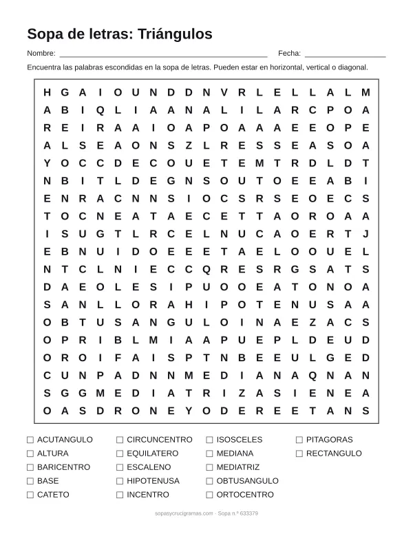 Hoja para imprimir de la sopa de letras de triángulos: cuadrícula de 19 × 19 letras con 17 palabras escondidas, renglones para nombre y fecha y la lista de palabras para tachar.