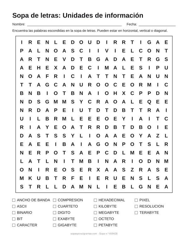 Hoja para imprimir de la sopa de letras de unidades de información: cuadrícula de 18 × 18 letras con 18 palabras escondidas, renglones para nombre y fecha y la lista de palabras para tachar.