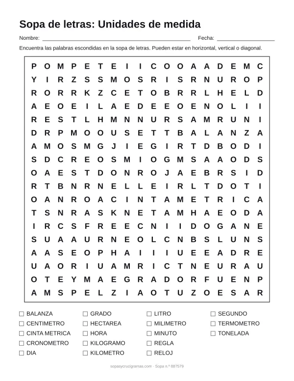 Hoja para imprimir de la sopa de letras de unidades de medida: cuadrícula de 18 × 18 letras con 18 palabras escondidas, renglones para nombre y fecha y la lista de palabras para tachar.