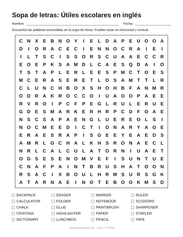 Hoja para imprimir de la sopa de letras de útiles escolares en inglés: cuadrícula de 19 × 19 letras con 20 palabras escondidas, renglones para nombre y fecha y la lista de palabras para tachar.