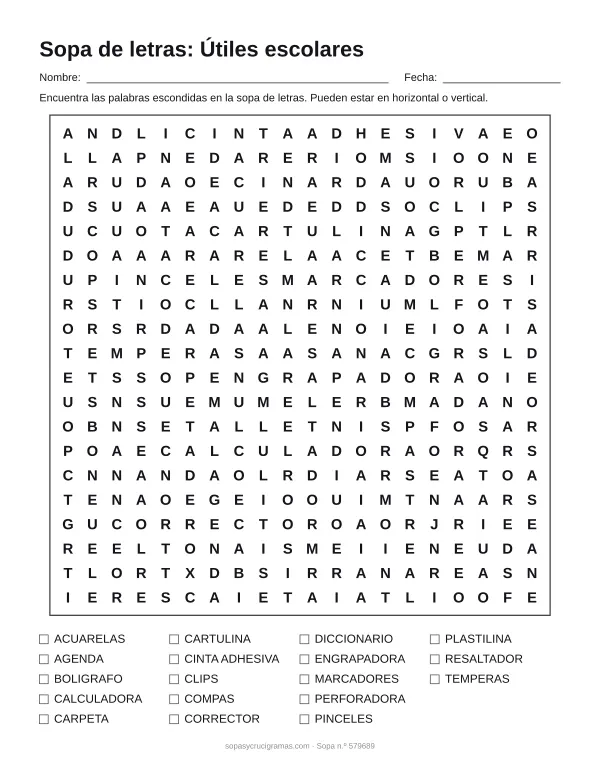 Hoja para imprimir de la sopa de letras de útiles escolares: cuadrícula de 20 × 20 letras con 18 palabras escondidas, renglones para nombre y fecha y la lista de palabras para tachar.