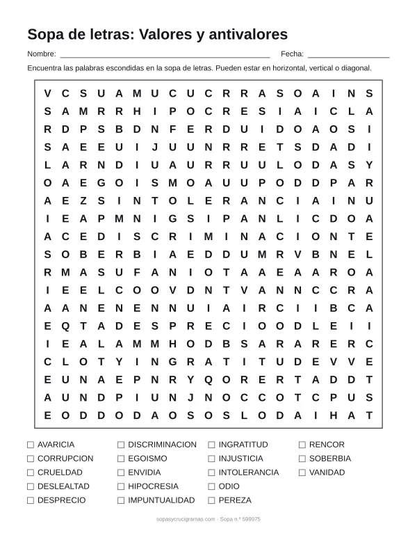 Hoja para imprimir de la sopa de letras de valores y antivalores: cuadrícula de 19 × 19 letras con 18 palabras escondidas, renglones para nombre y fecha y la lista de palabras para tachar.