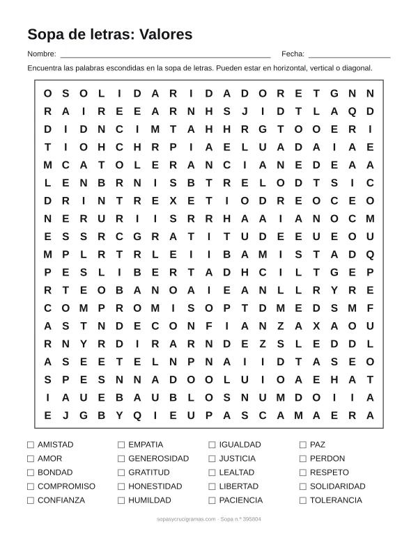 Hoja para imprimir de la sopa de letras de valores: cuadrícula de 19 × 19 letras con 20 palabras escondidas, renglones para nombre y fecha y la lista de palabras para tachar.
