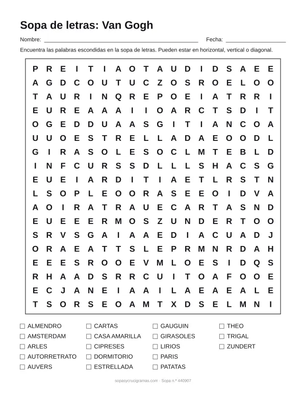Hoja para imprimir de la sopa de letras de Van Gogh: cuadrícula de 18 × 18 letras con 18 palabras escondidas, renglones para nombre y fecha y la lista de palabras para tachar.