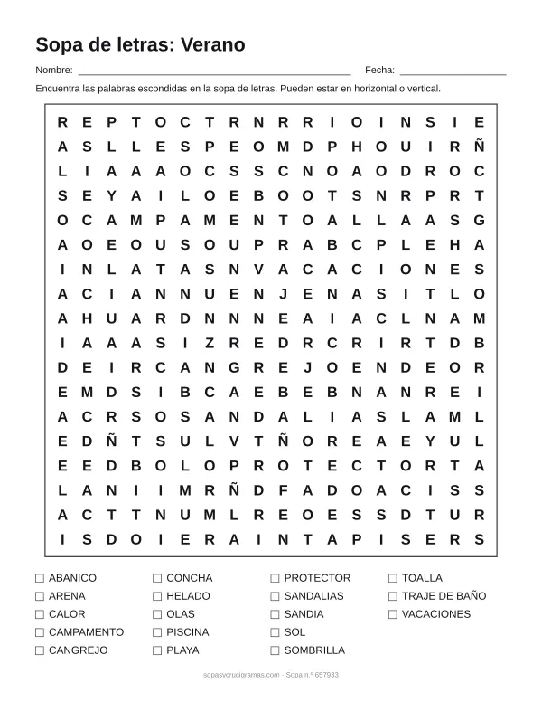 Hoja para imprimir de la sopa de letras de verano: cuadrícula de 18 × 18 letras con 18 palabras escondidas, renglones para nombre y fecha y la lista de palabras para tachar.