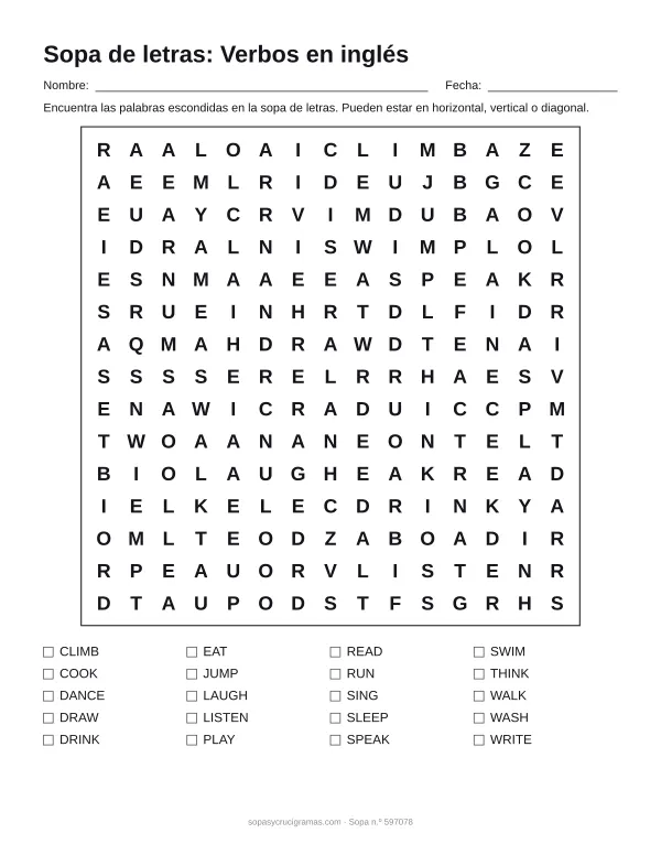 Hoja para imprimir de la sopa de letras de verbos en inglés: cuadrícula de 15 × 15 letras con 20 palabras escondidas, renglones para nombre y fecha y la lista de palabras para tachar.