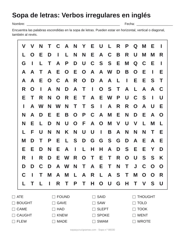 Hoja para imprimir de la sopa de letras de verbos irregulares en inglés: cuadrícula de 17 × 17 letras con 20 palabras escondidas, renglones para nombre y fecha y la lista de palabras para tachar.