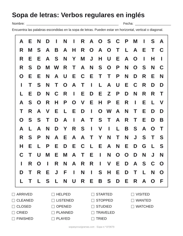Hoja para imprimir de la sopa de letras de verbos regulares en inglés: cuadrícula de 17 × 17 letras con 18 palabras escondidas, renglones para nombre y fecha y la lista de palabras para tachar.