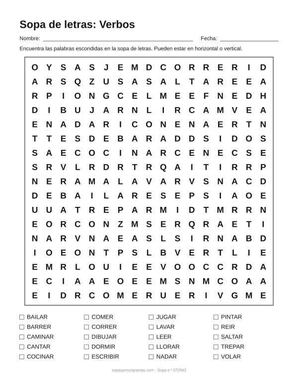 Hoja para imprimir de la sopa de letras de verbos: cuadrícula de 17 × 17 letras con 20 palabras escondidas, renglones para nombre y fecha y la lista de palabras para tachar.