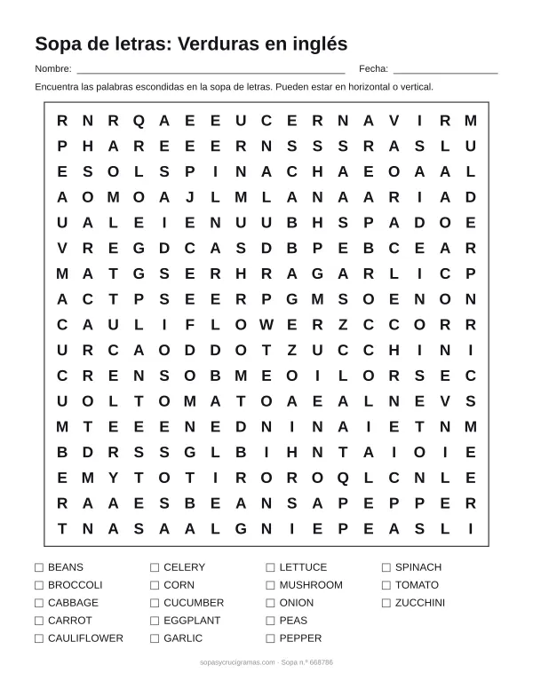 Hoja para imprimir de la sopa de letras de las verduras en inglés: cuadrícula de 17 × 17 letras con 18 palabras escondidas, renglones para nombre y fecha y la lista de palabras para tachar.