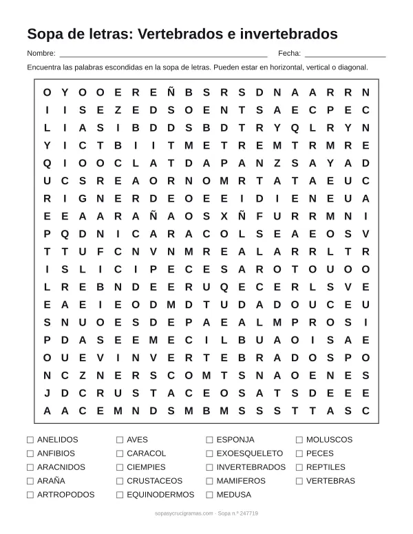 Hoja para imprimir de la sopa de letras de vertebrados e invertebrados: cuadrícula de 19 × 19 letras con 19 palabras escondidas, renglones para nombre y fecha y la lista de palabras para tachar.