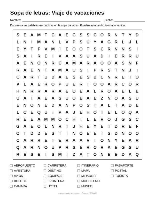 Hoja para imprimir de la sopa de letras del viaje de vacaciones: cuadrícula de 18 × 18 letras con 18 palabras escondidas, renglones para nombre y fecha y la lista de palabras para tachar.