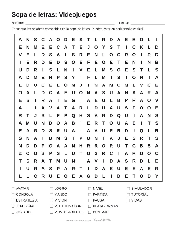 Hoja para imprimir de la sopa de letras de videojuegos: cuadrícula de 19 × 19 letras con 18 palabras escondidas, renglones para nombre y fecha y la lista de palabras para tachar.