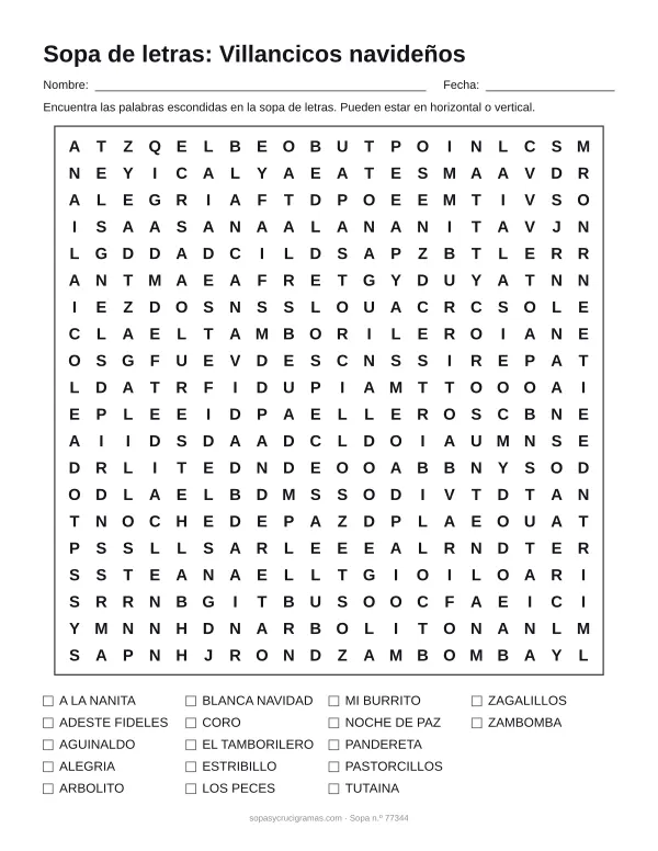 Hoja para imprimir de la sopa de letras de los villancicos navideños: cuadrícula de 20 × 20 letras con 17 palabras escondidas, renglones para nombre y fecha y la lista de palabras para tachar.