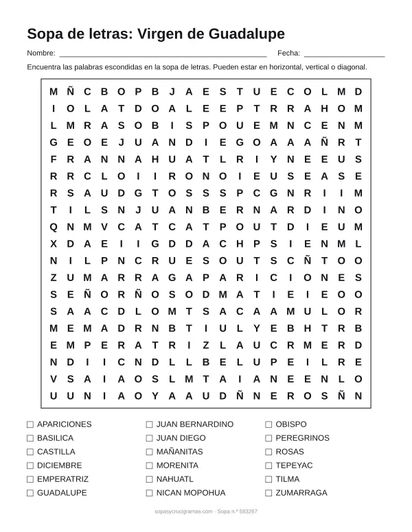 Hoja para imprimir de la sopa de letras de la Virgen de Guadalupe: cuadrícula de 19 × 19 letras con 18 palabras escondidas, renglones para nombre y fecha y la lista de palabras para tachar.