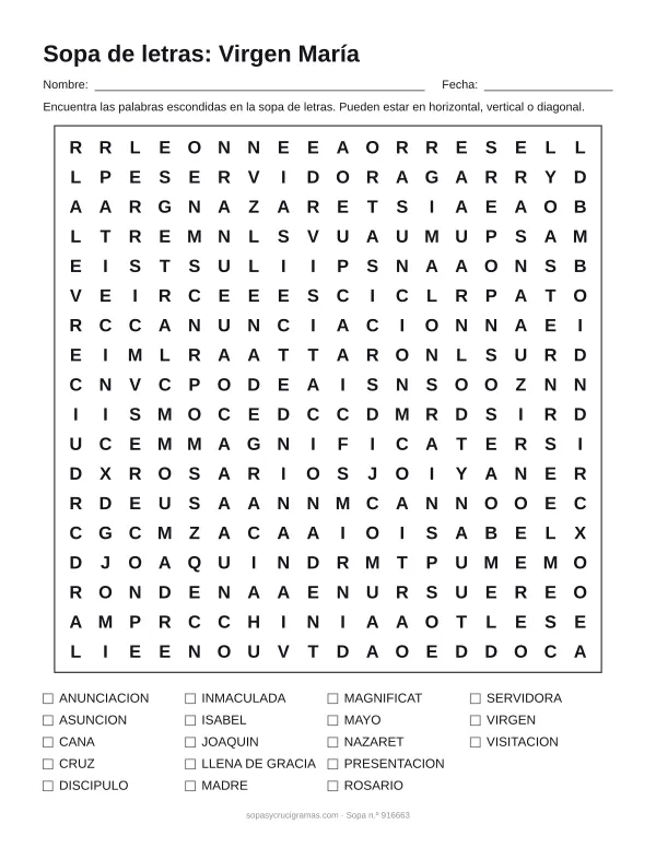 Hoja para imprimir de la sopa de letras de la Virgen María: cuadrícula de 18 × 18 letras con 18 palabras escondidas, renglones para nombre y fecha y la lista de palabras para tachar.