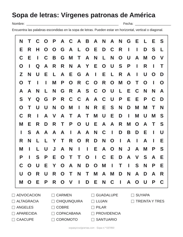 Hoja para imprimir de la sopa de letras de las vírgenes patronas de América: cuadrícula de 18 × 18 letras con 17 palabras escondidas, renglones para nombre y fecha y la lista de palabras para tachar.