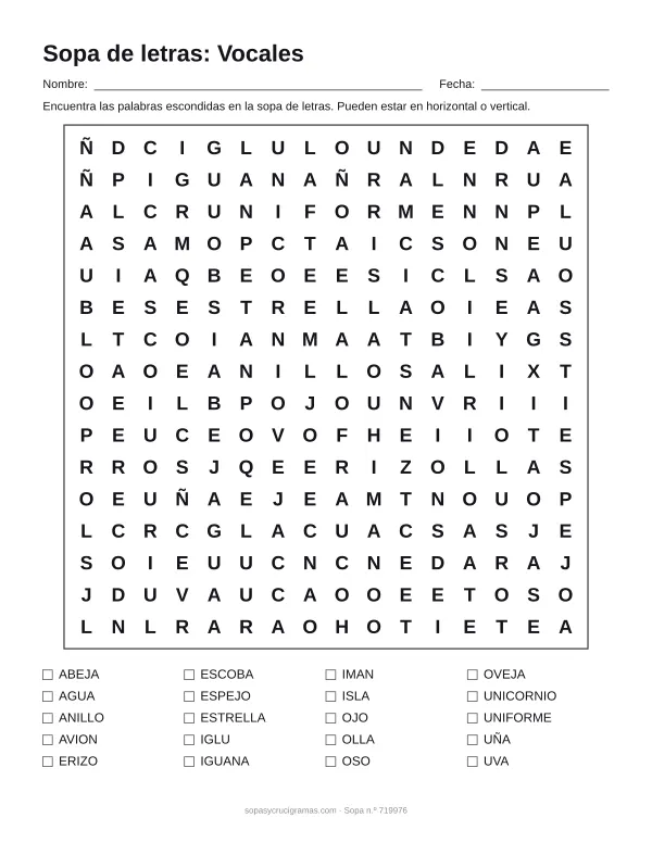 Hoja para imprimir de la sopa de letras de las vocales: cuadrícula de 16 × 16 letras con 20 palabras escondidas, renglones para nombre y fecha y la lista de palabras para tachar.